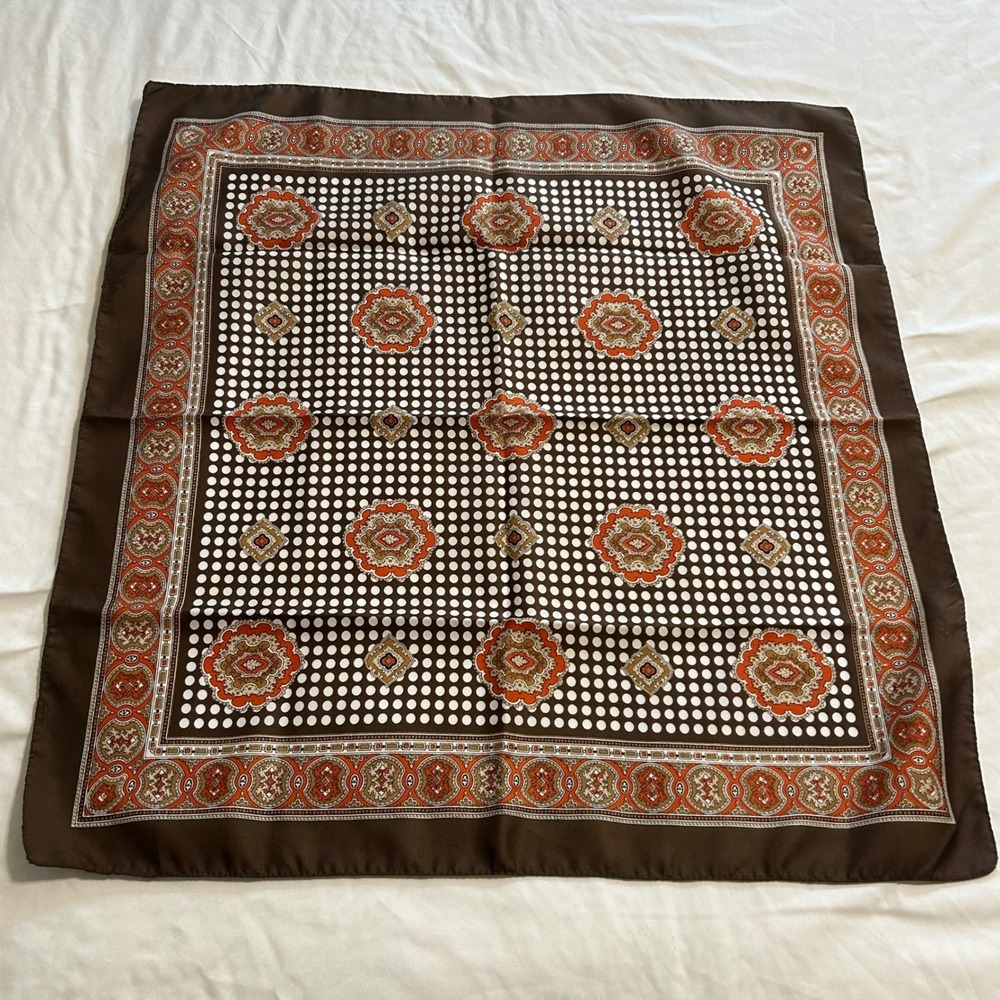 Vintage Brown Polka Dot Paisley Medallion Square Scarf Orange Tan 26x26